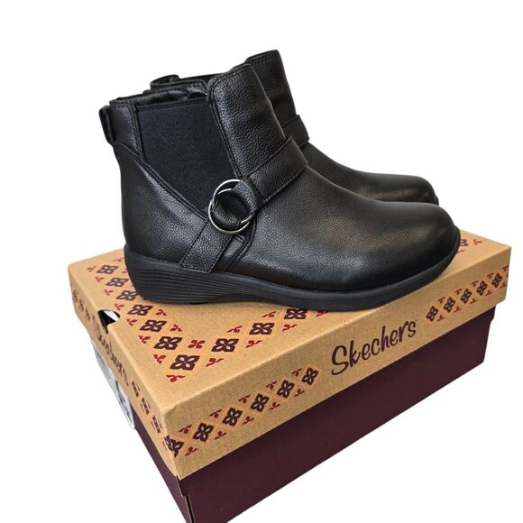 Skechers Womens 6 Arya Mod Squad Black Memory Foam Leather Ankle Wedge Booties - Picture 11 of 15